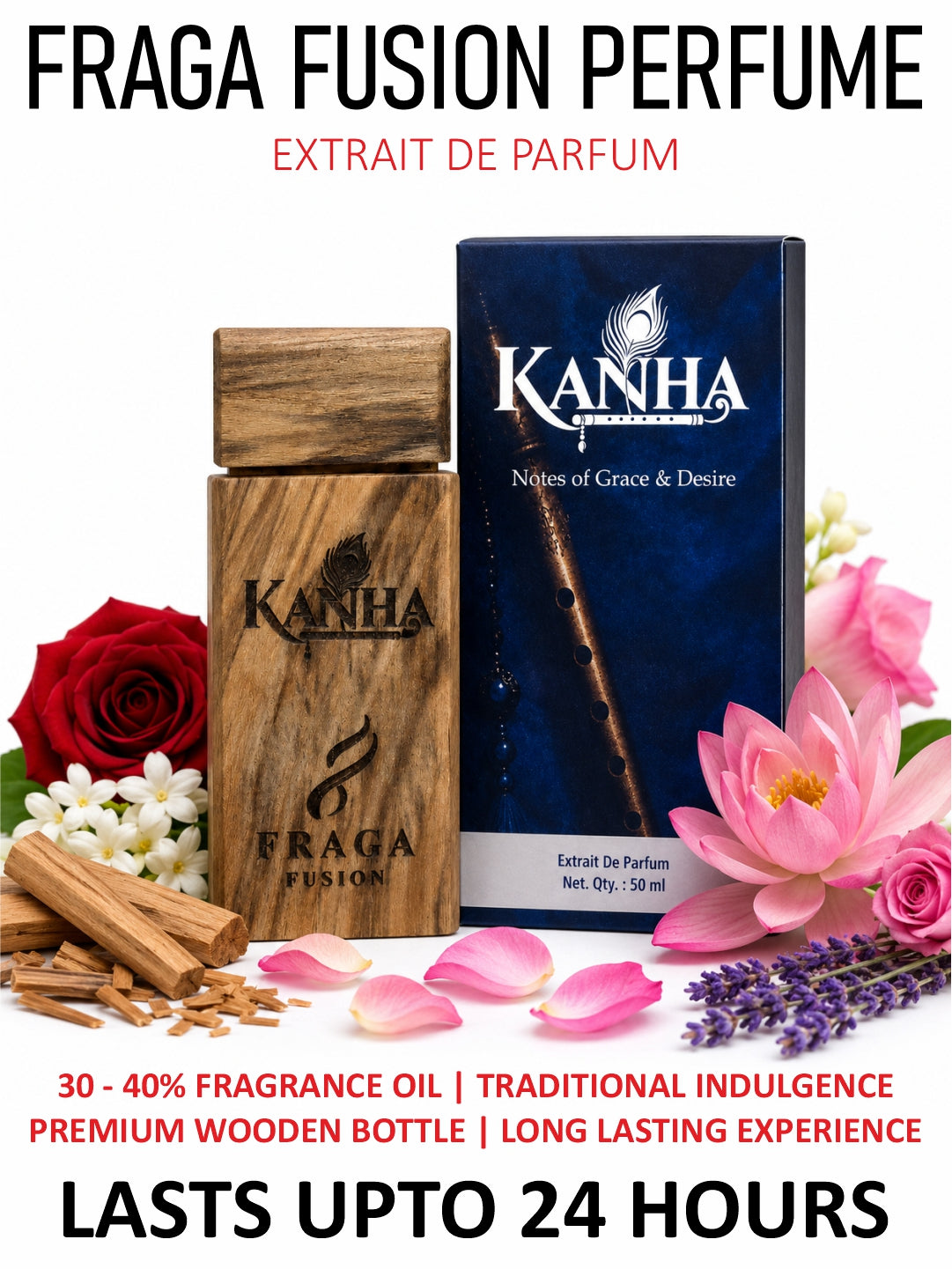 Fraga Fusion KANHA Extrait De Parfum | Luxury Floral Traditional Perfume | Sandalwood, Mogra & Saffron | 50ml