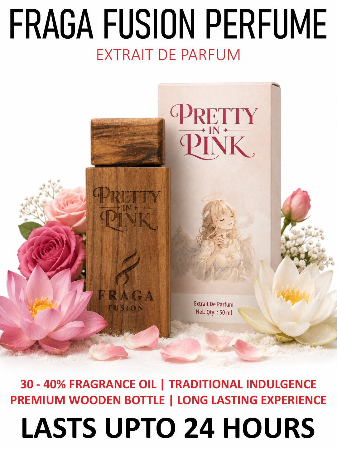Fraga Fusion PRETTY IN PINK Extrait De Parfum for Women | Soft Floral Luxury Perfume | Pink Lotus & White Musk | 50ml